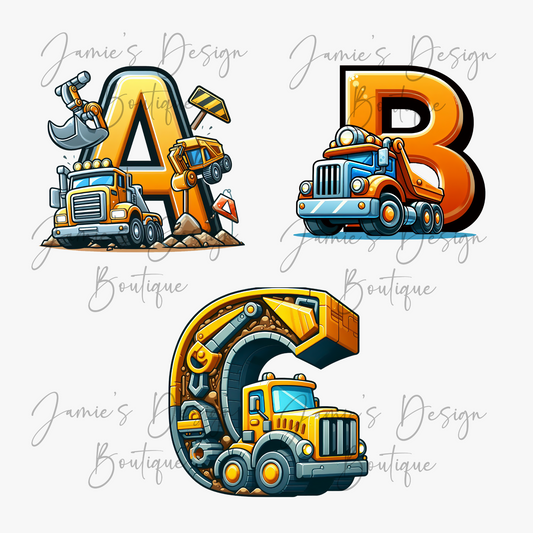 Single Decal UV DTF Construction Trucks Alphabet A-Z (2 sizes) Exclusive